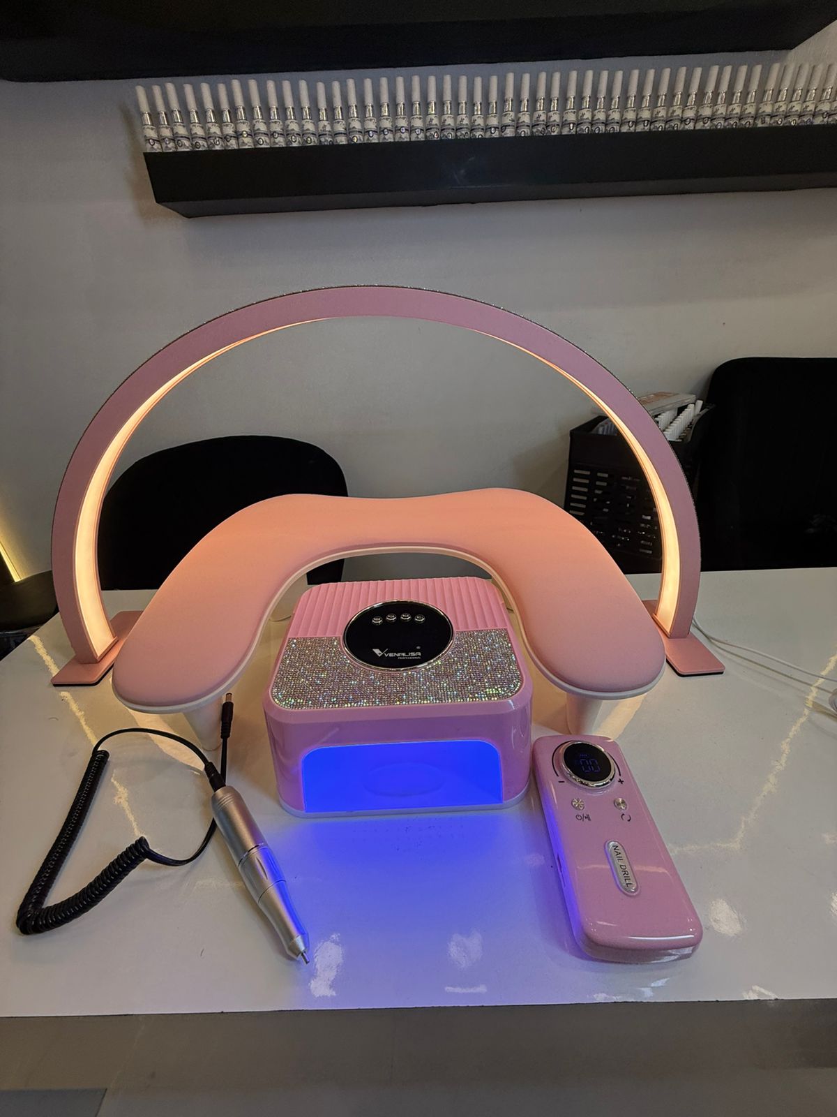 Pink Combo of 4 pieces ( Moonlight, Handrest, Uv lamp,Drill machine )